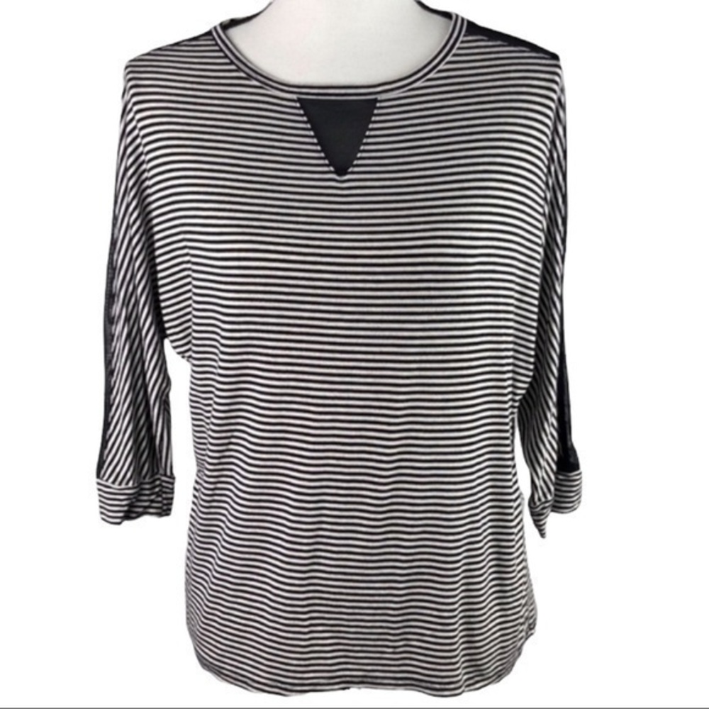Monteau Top Black White‎ Stripe Three Quarter Sleeve Top with Sheer Mesh Details